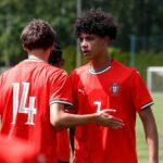 Cristiano Ronaldo Junior (R) of Portugal celebrates with a teammate during the match between Portugal and Japan at the Vlatko Markovic Under-15 youth tournament