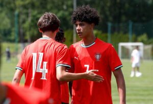 Cristiano Ronaldo Junior (R) of Portugal celebrates with a teammate during the match between Portugal and Japan at the Vlatko Markovic Under-15 youth tournament